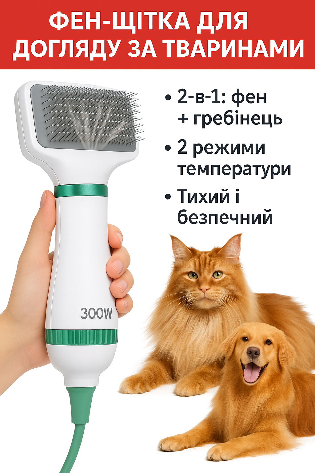 Фен-гребінець для тварин Pet Grooming Dryer WN-10 | 2-в-1 Сушка та Розчісування Шерсті Собак та Котів | Купити в Україні