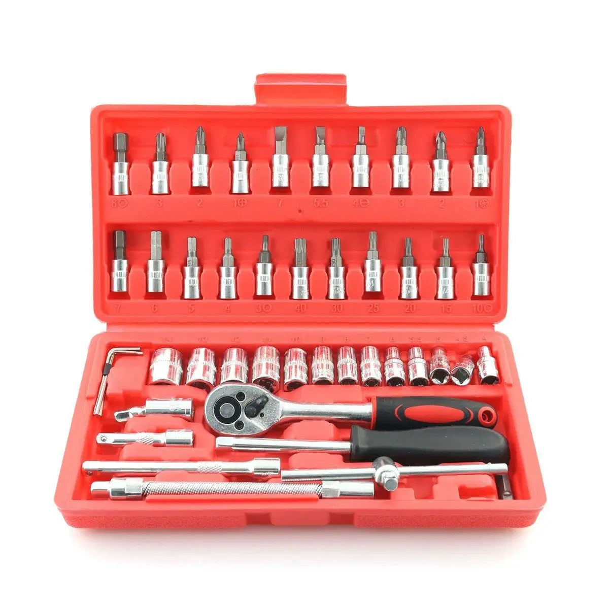 Набір Інструментів 46 Предметів 1/4" в Кейсі: Універсальний Автомобільний та Домашній Набір Головок з Тріскачкою - Nekasell